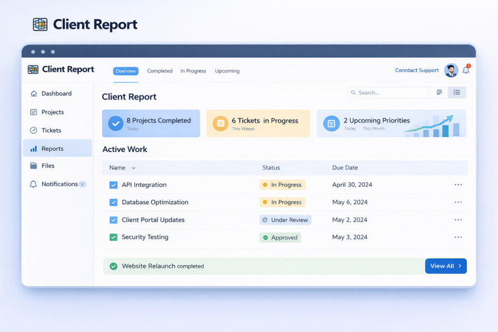 Client report dashboard interface