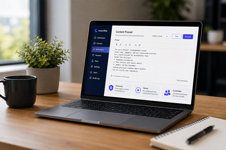Modern workspace with AI prompt dashboard