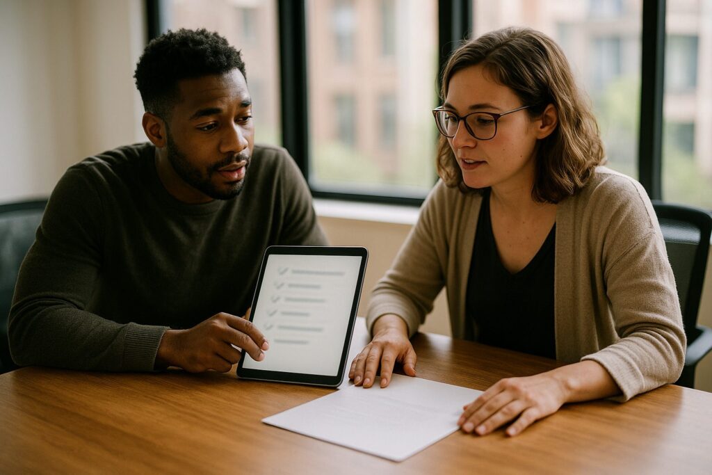 Two colleagues reviewing a document together at a meeting room table, one holding a tablet with a checklist