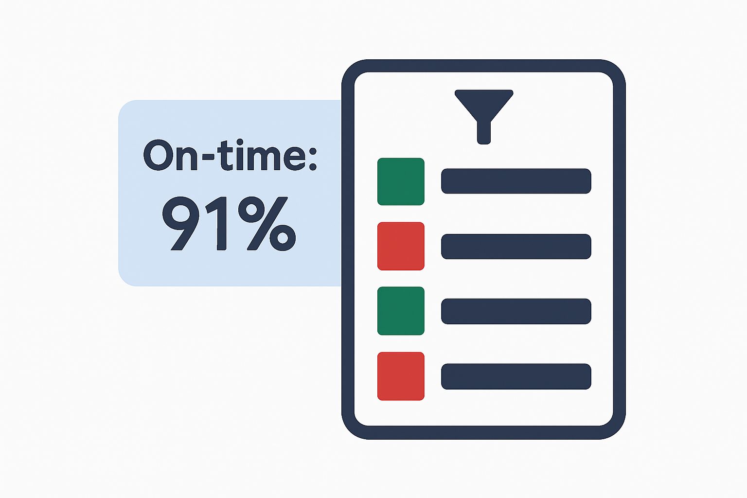 A small on-time percentage dashboard tile next to a filtered list of jobs with green and red on-time flags
