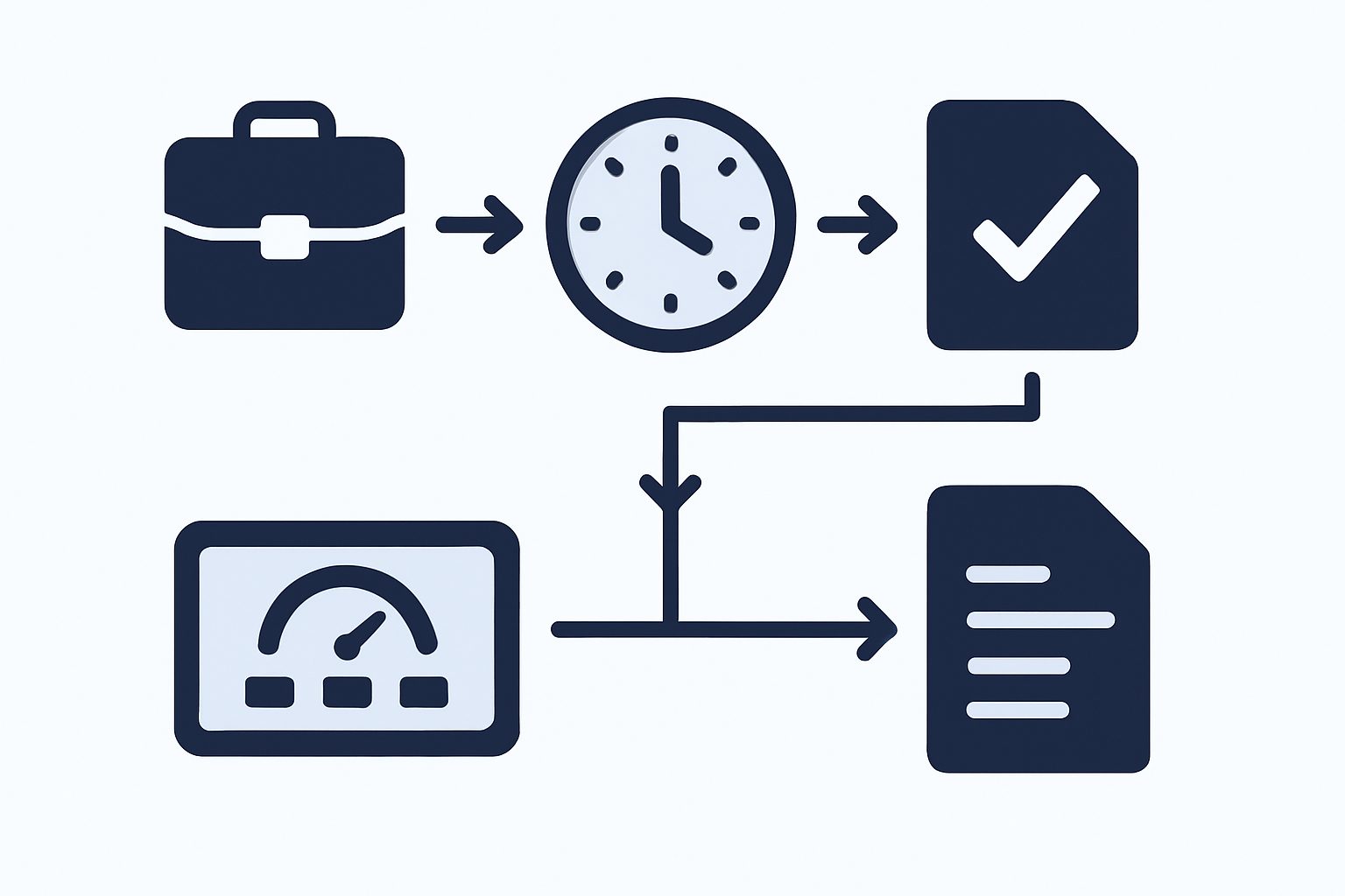 An infographic showing a job flowing through a clock, into a single rule, then branching to a dashboard and a report