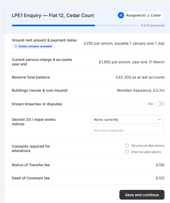 A mock LPE1 enquiry checklist screen showing ground rent, service charge, insurance and other standard leasehold questions
