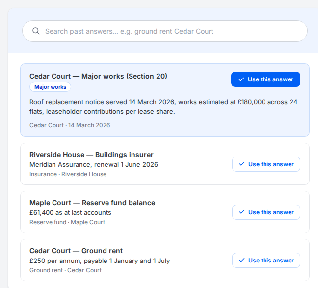 A mock searchable screen showing past LPE1 answers for previous flats in the same block