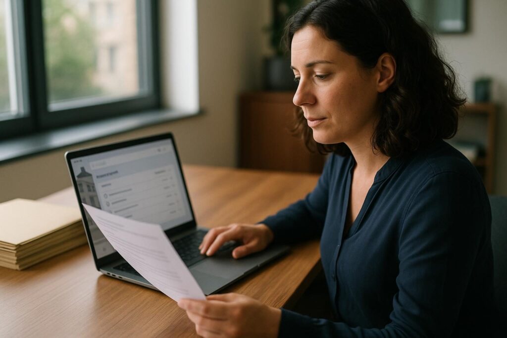 A property management professional at a desk with a laptop reviewing a leasehold enquiry form