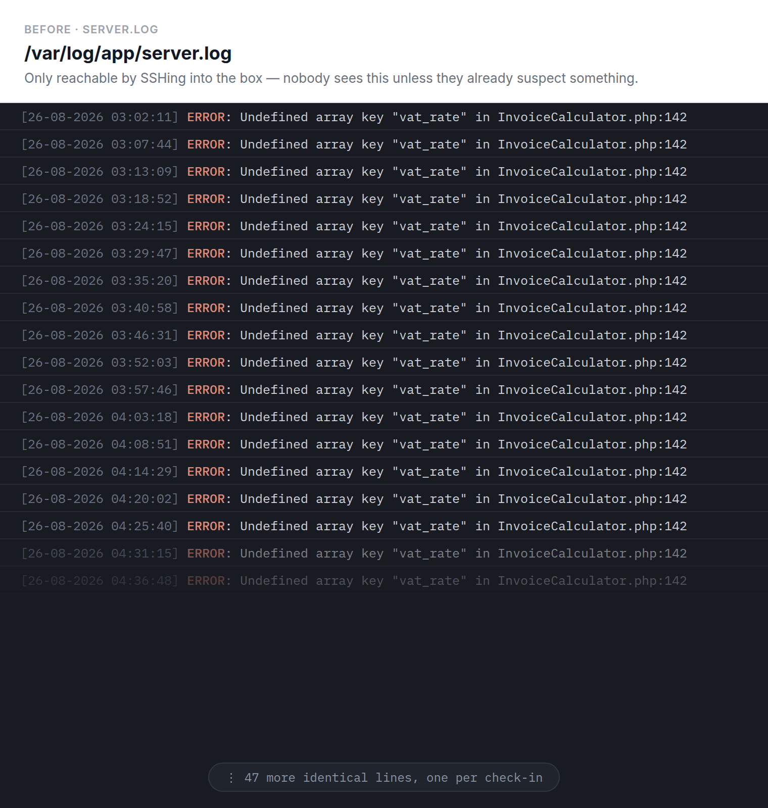 A raw server log file showing the same error message repeated at dozens of near-identical timestamps minutes apart