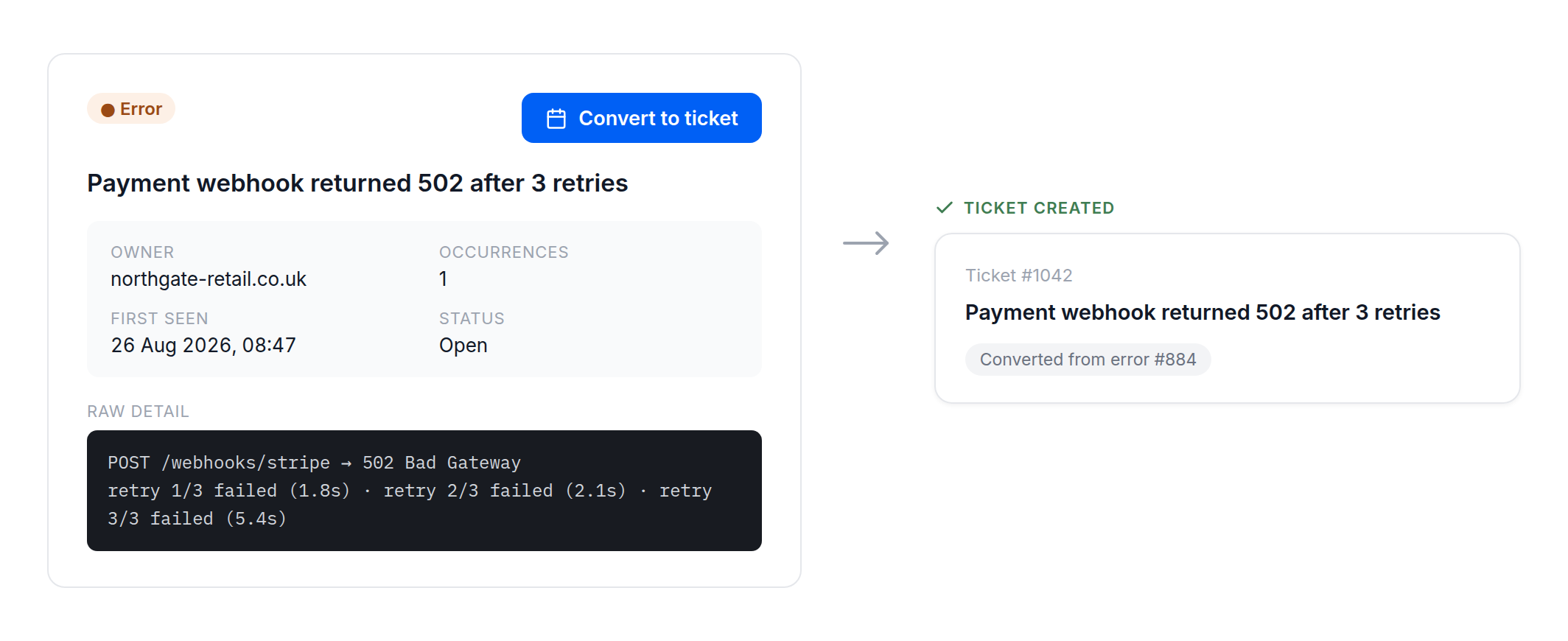 An error detail panel with a Convert to ticket button, and the resulting ticket pre-filled with the same error message