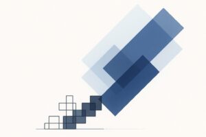 Abstract geometric artwork of overlapping navy and light-blue rectangles
