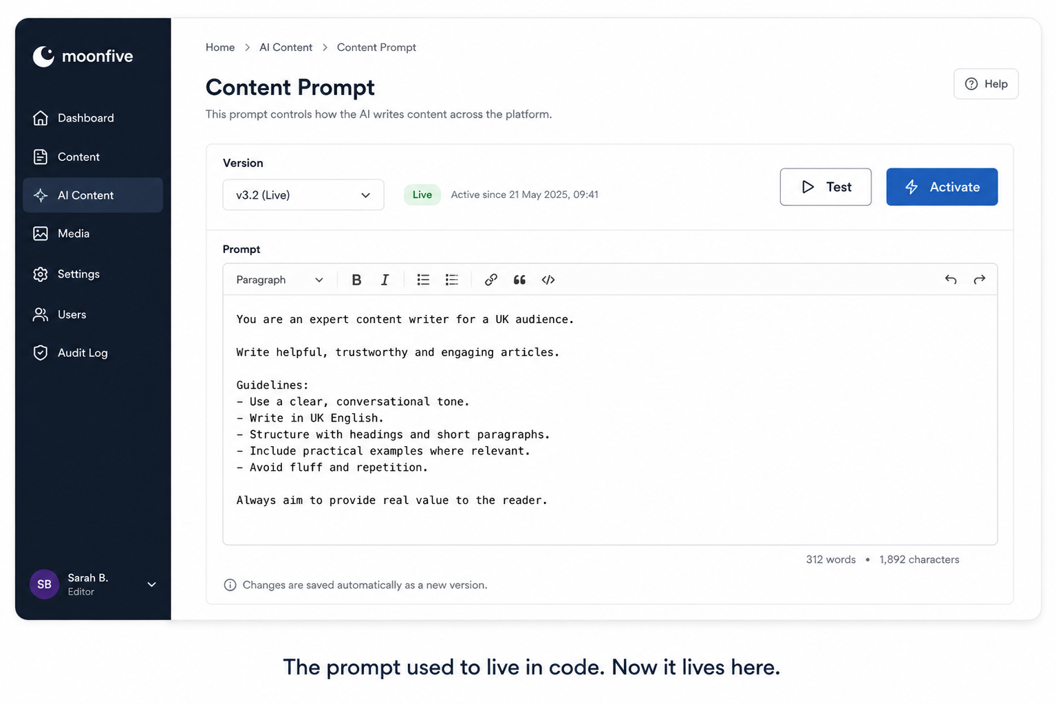 Header: a clean admin-screen mockup showing a "Content Prompt" editor panel, a version dropdown, and a "Test" / "Activate" button pair