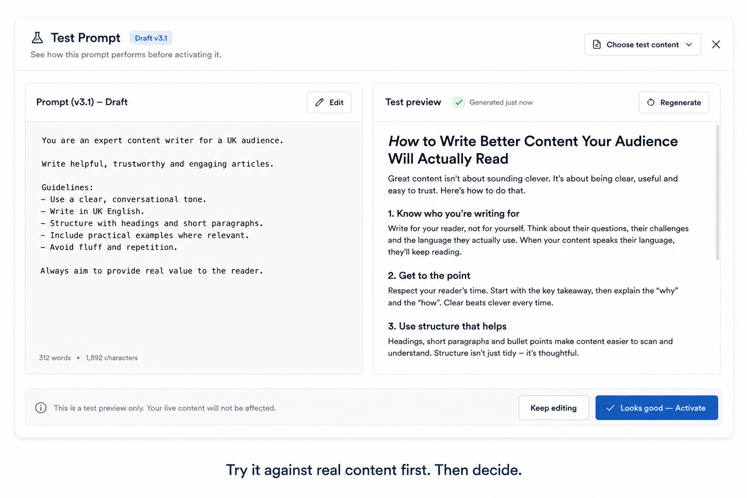 A simple test-preview mockup: prompt draft on the left, generated sample article on the right, with a Looks good - Activate button