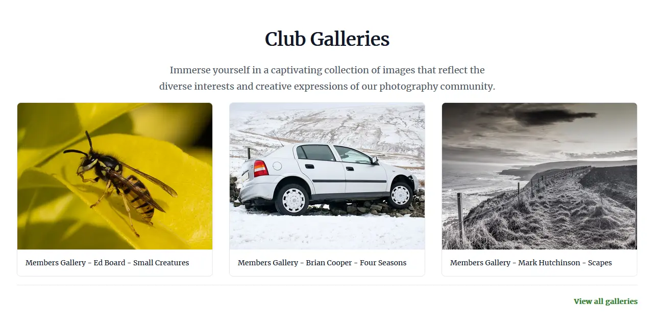 Screenshot of the club galleries page, pulling data live from the CameraClub.Online API