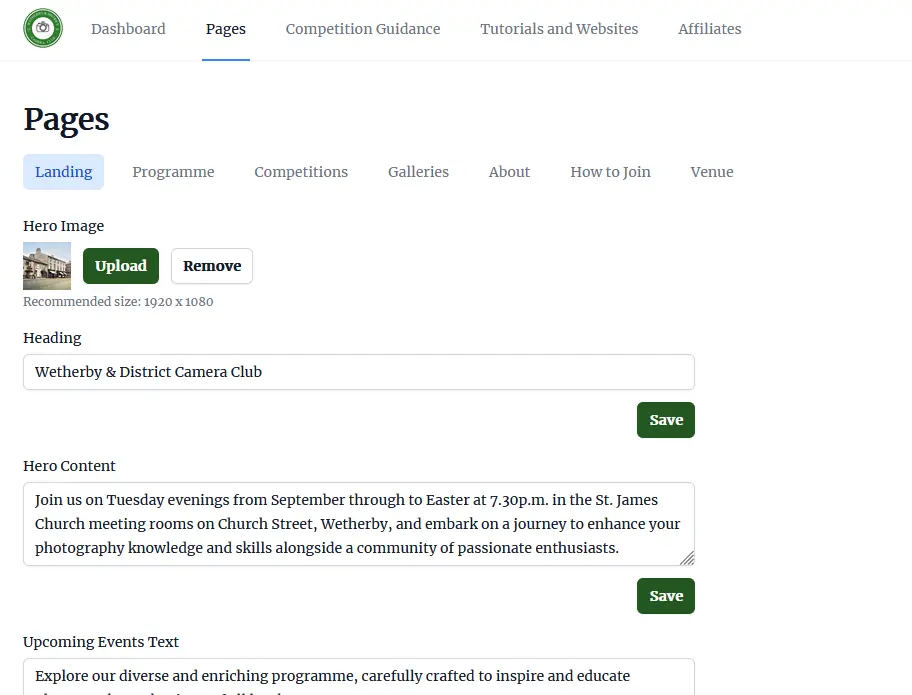 Screenshot of the custom admin content-management system built for the club
