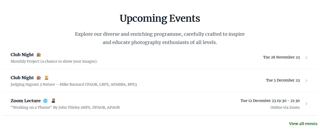 Screenshot of the club's landing page, featuring upcoming events, recent competitions, galleries and latest news