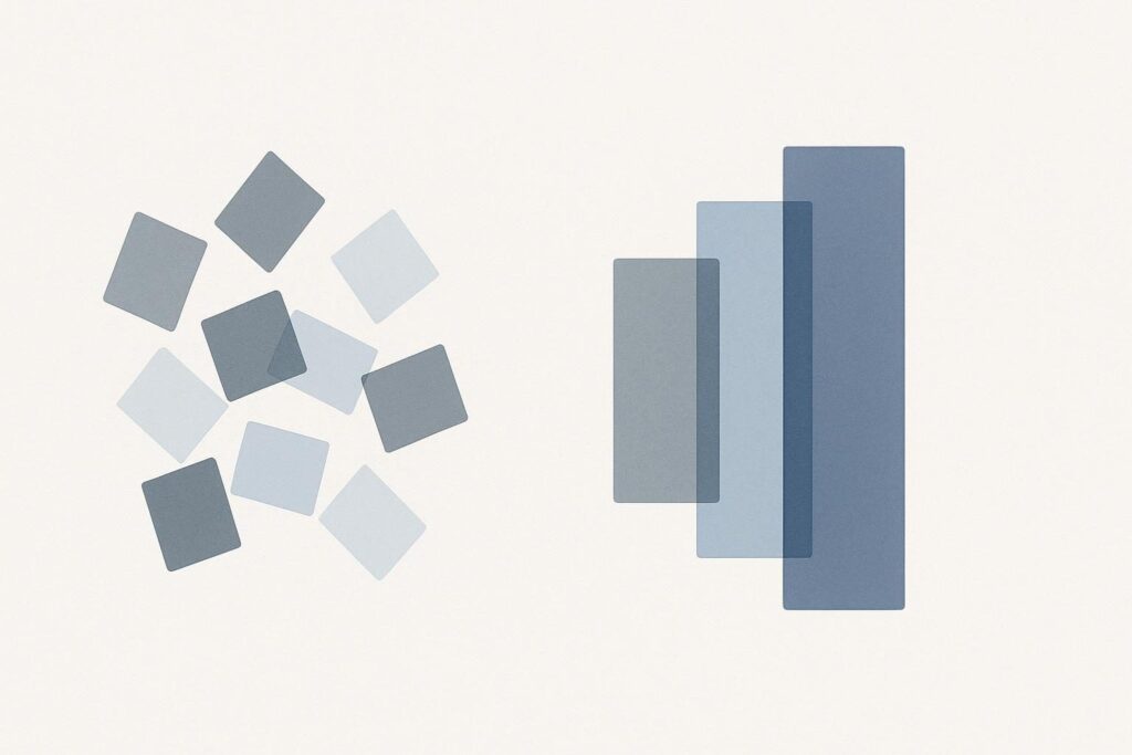 Abstract composition of scattered translucent rectangles on the left resolving into fewer, larger, aligned rectangles on the right.