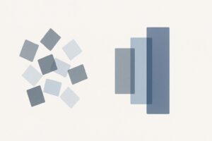 Abstract composition of scattered translucent rectangles on the left resolving into fewer, larger, aligned rectangles on the right.
