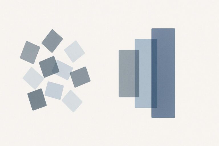 Abstract composition of scattered translucent rectangles on the left resolving into fewer, larger, aligned rectangles on the right.