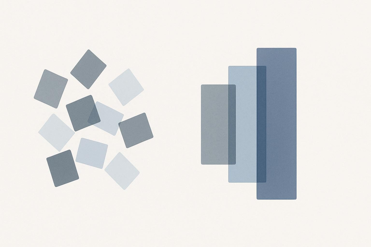Abstract composition of scattered translucent rectangles on the left resolving into fewer, larger, aligned rectangles on the right.