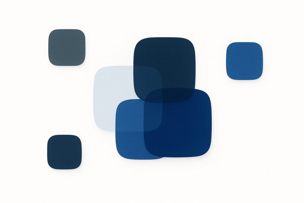 Abstract composition of four separate rounded rectangles converging into one overlapping cluster, evoking scattered things consolidating into a shared foundation
