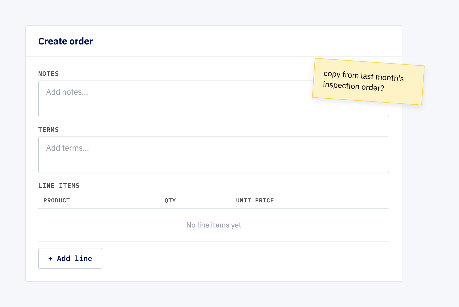Empty Create Order form with blank Notes, Terms and Line items sections