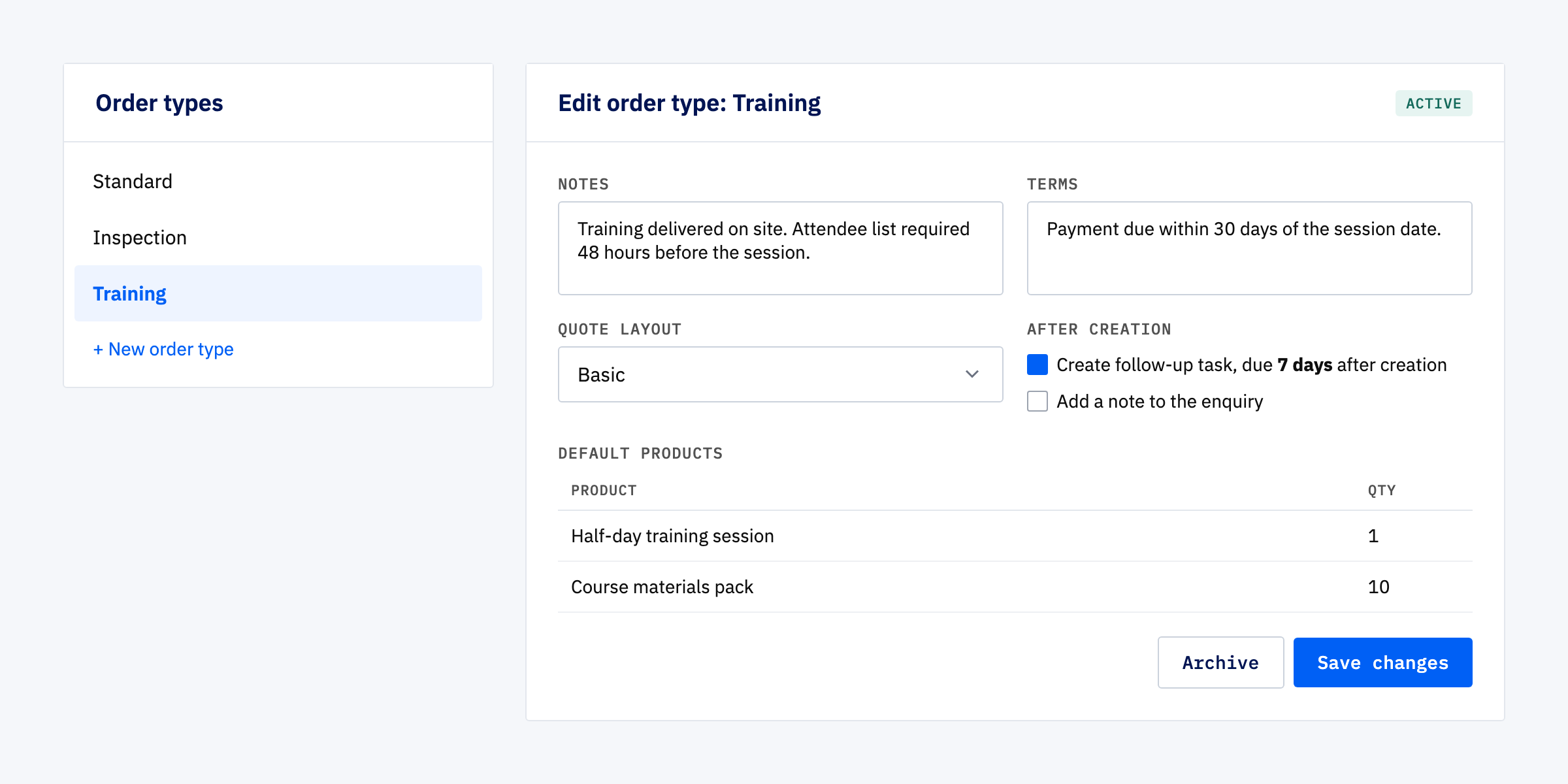 Order types admin screen showing Standard, Inspection and Training rows with edit panel for Training