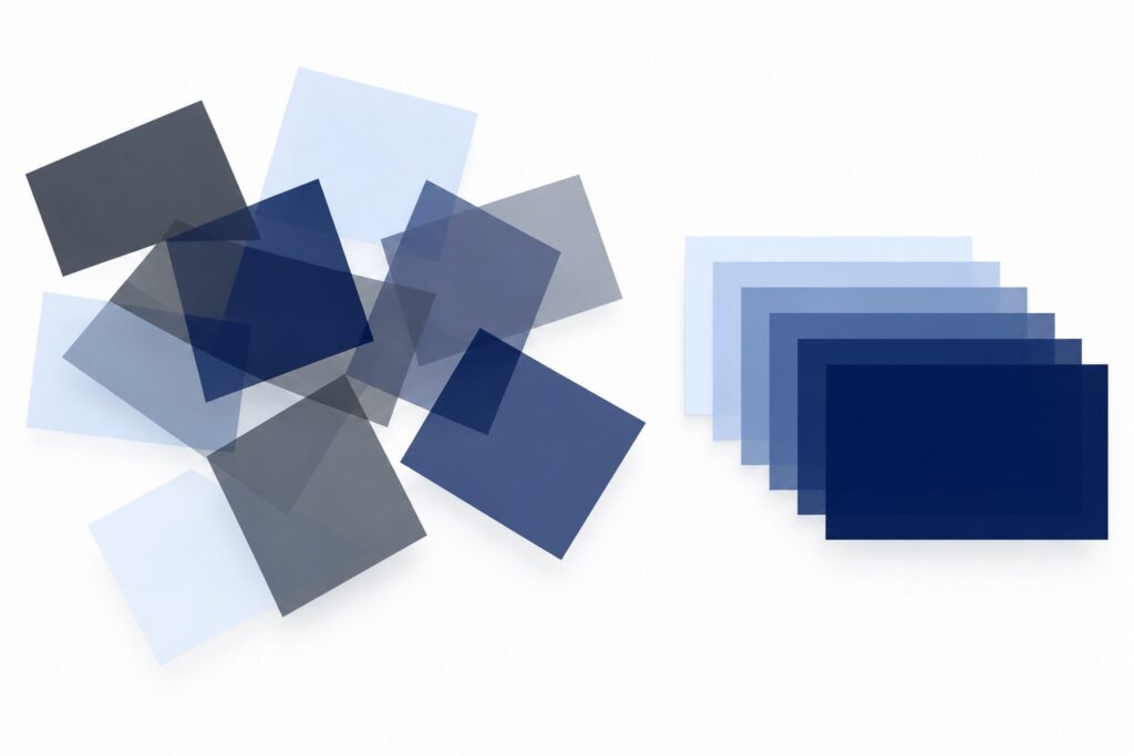 Abstract geometric composition with translucent rectangles settling into an aligned stack