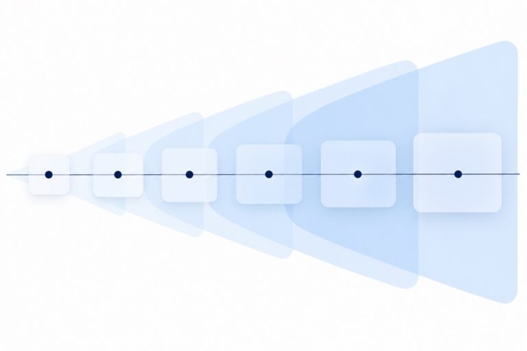 Abstract artwork: a row of dated steps along one line, with widening light-blue shapes behind them