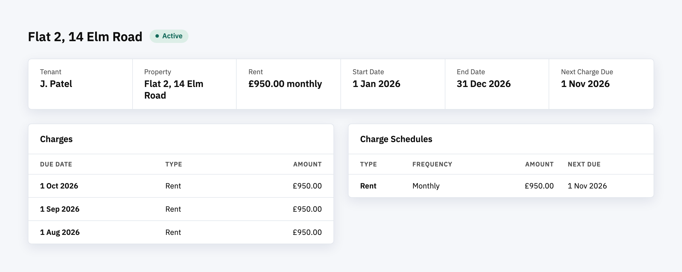 Habitat lease page for an active lease, showing one rent charge per month and the next charge due on 1 Nov 2026