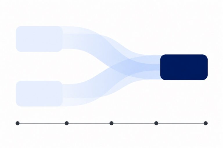 Abstract illustration: two light-blue shapes merging into one navy shape above an evenly dotted line