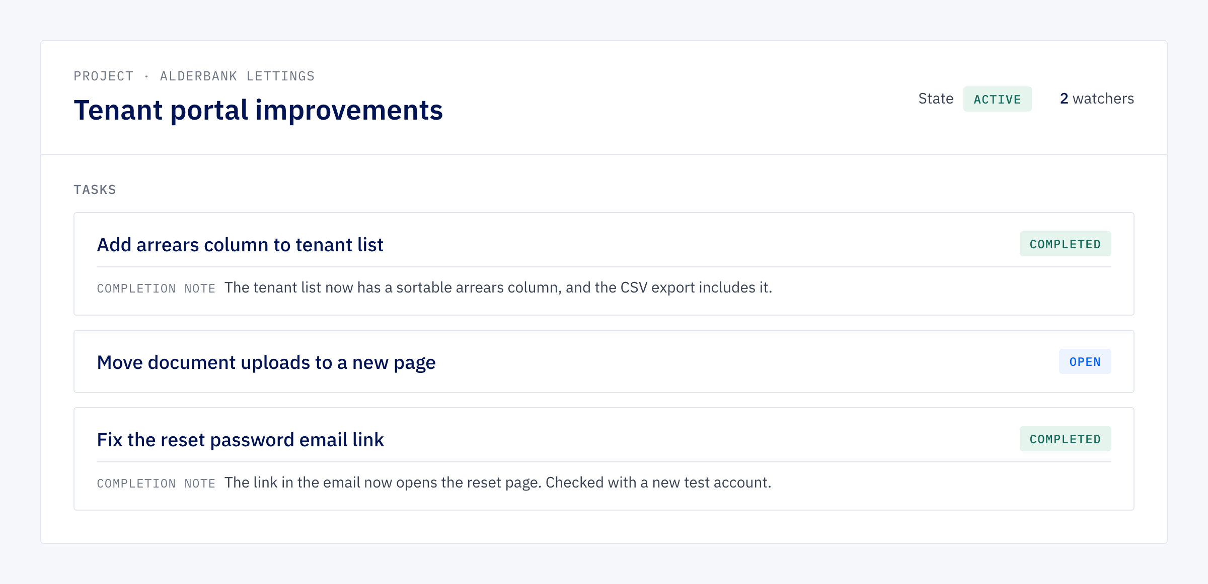 Client portal project page for Tenant portal improvements: three tasks with Completed and Open badges and written completion notes, with no comments, file uploads or due dates