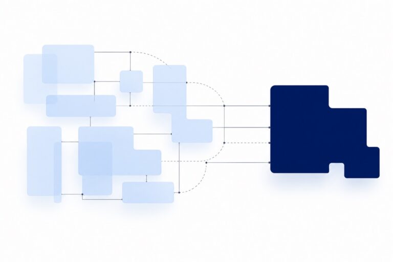 Abstract: translucent blue blocks joined by blueprint lines, assembling into one solid navy shape