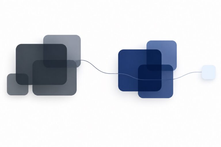 Abstract composition: two separate clusters of navy rounded shapes joined by a thin line leading to a small light-blue square
