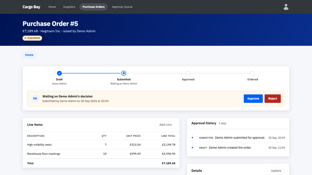 A submitted Cargo Bay purchase order waiting on an approver, with Approve and Reject buttons