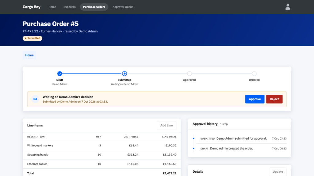 A submitted Cargo Bay purchase order waiting on an approver, with Approve and Reject buttons