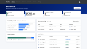 Habitat dashboard with active leases, monthly rent roll, charges due and upcoming viewings