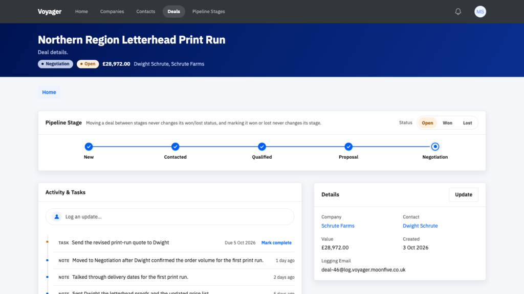 A Voyager deal page with its activity and task timeline