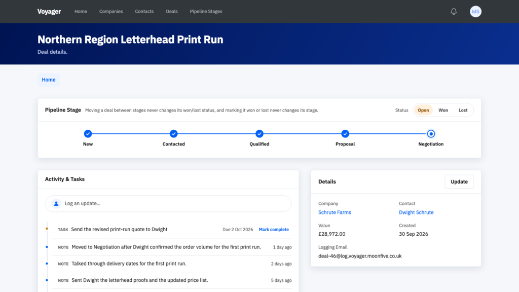 A Voyager deal page with its activity and task timeline