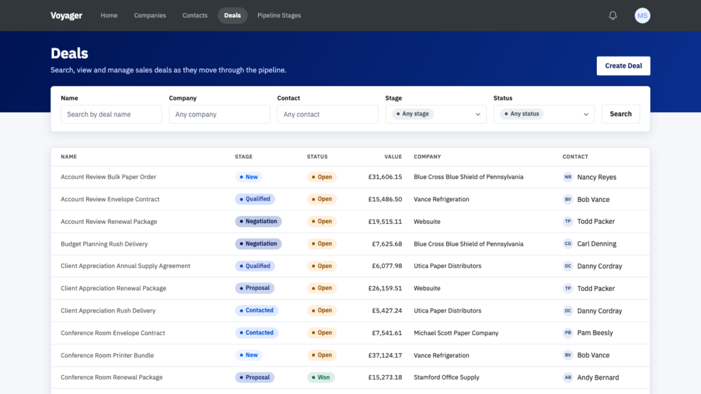 Voyager deals list showing each deal with its stage and status