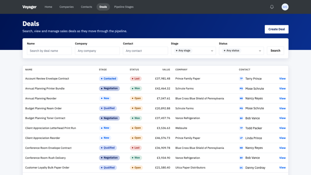Voyager deals list showing each deal with its stage and status