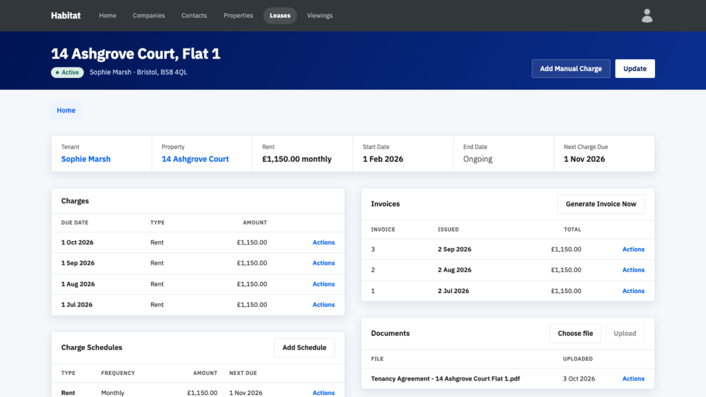 A Habitat lease page with its charges, invoices, documents and charge schedules