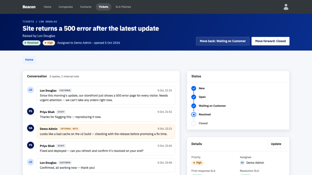 A Beacon ticket page with its conversation thread, an internal note and the status steps