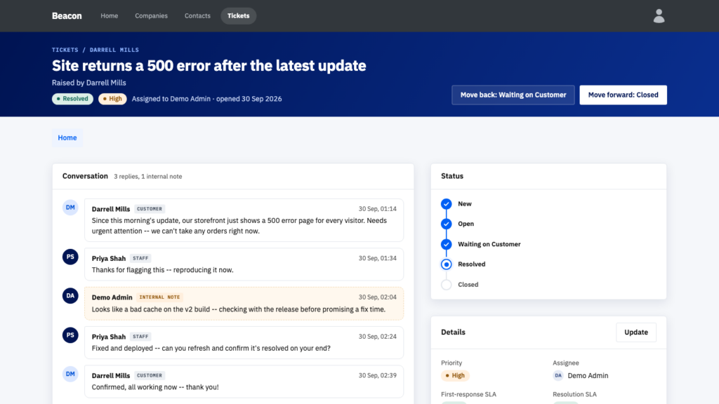 A Beacon ticket page with its conversation thread, an internal note and the status steps